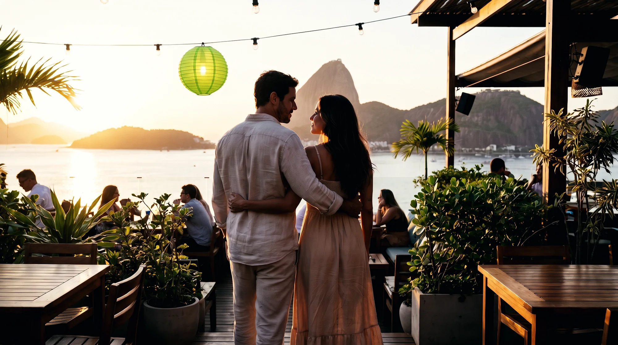 Casal chegando a um terraço com vista para o mar ao pôr do sol