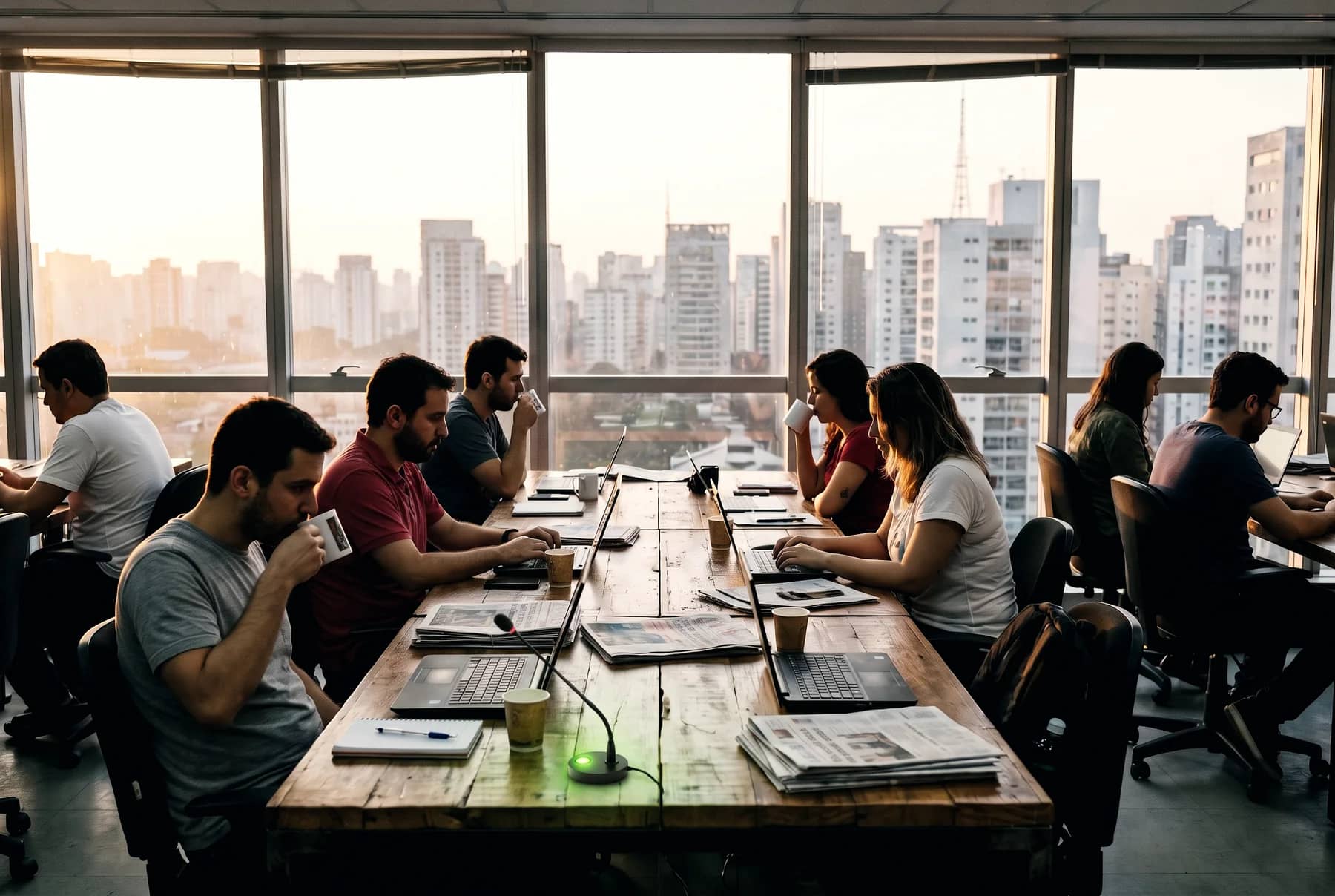 Redação jornalística com vista para a cidade pela manhã