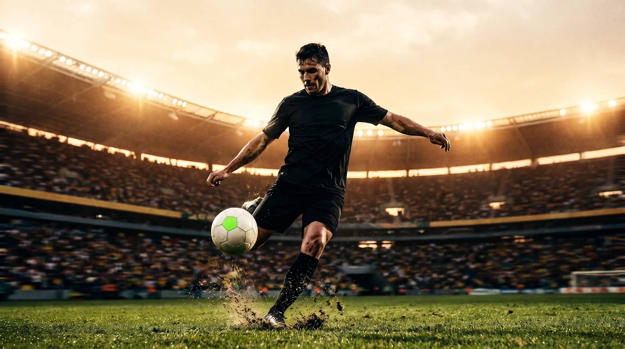 Jogador de futebol chutando a bola em estádio iluminado